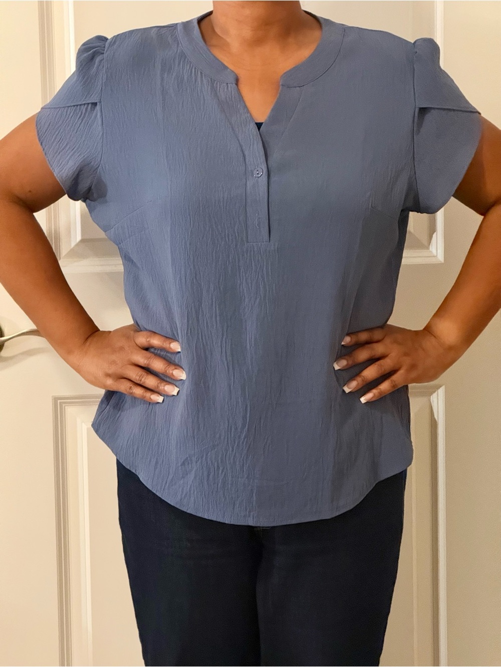 Amazon Slate Blue Short Sleeve Split-Neck Blouse